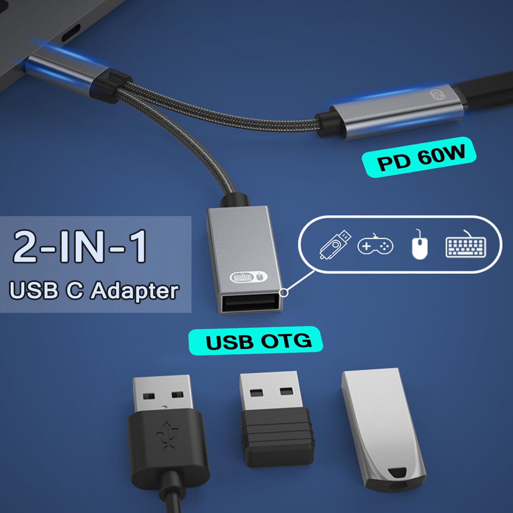 2-in-1 USB C OTG Adapter 60W PD Charging + USB 3.0 Port – Compatible with iPhone 15, MacBook Pro, Samsung Galaxy
