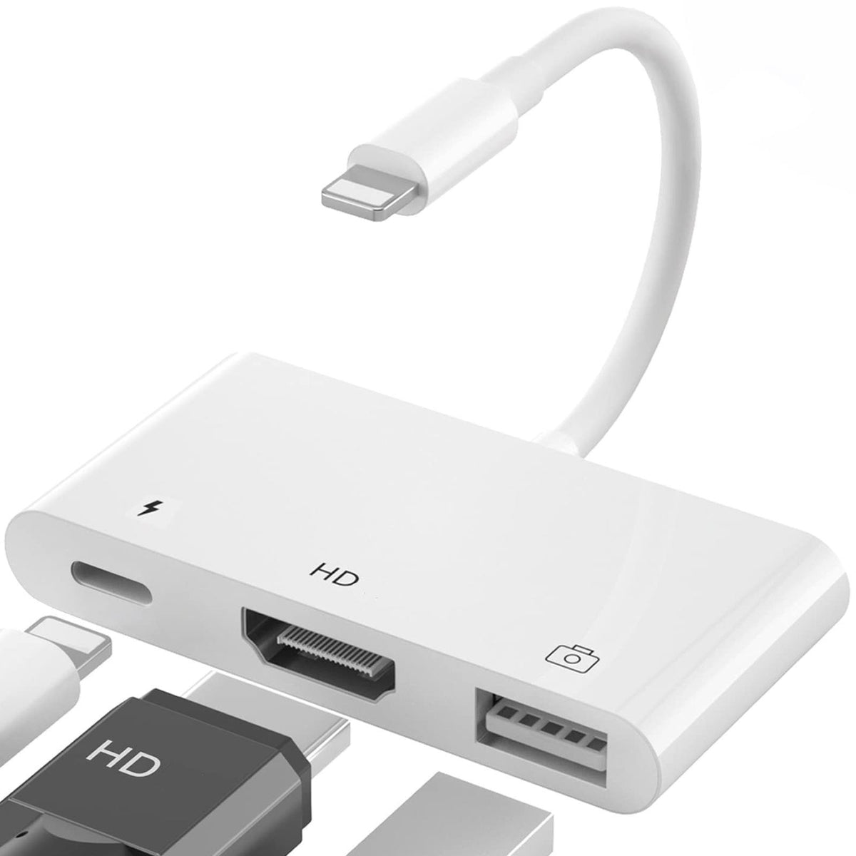 3-in-1 Lightning-Compatible to HDMI-Compatible + USB-A + Charging Adapter – 1080P Screen Mirror USB Camera OTG for iPhone 14/13/12/11/X/8/7/6/5