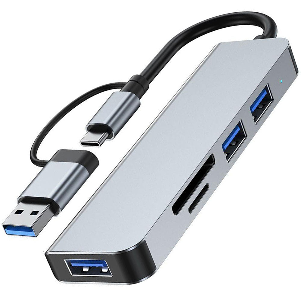 5-in-1 USB Hub Dual Plug USB-A & USB-C – 1×USB 3.0 + 2×USB 2.0 + SD/TF Card Reader Aluminum for MacBook Laptop PC iPad