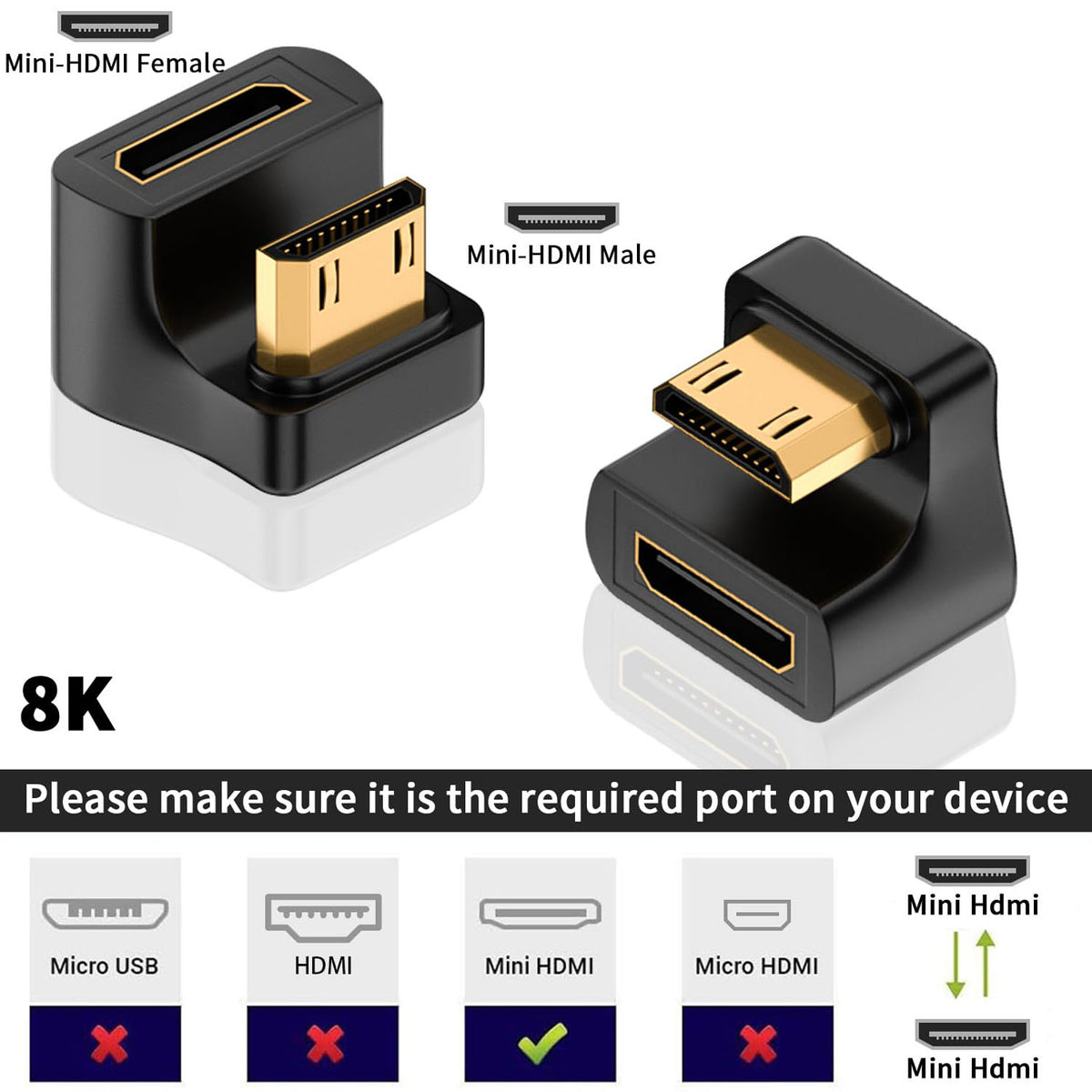 Mini HDMI-Compatible Male to Female Adapter Up & Down Angle – 8K@60Hz 4K@120Hz 48Gbps for Camera Camcorder Laptop Tablet