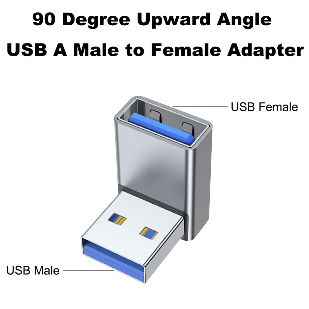 90 Degree USB-A Male to Female Adapter Upward Right Angle – USB 3.0 5Gbps 15W Charging Aluminum for PC Laptop Charger Power Bank