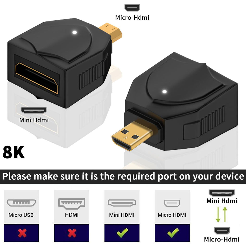 Micro HDMI-Compatible Male to Mini HDMI-Compatible Female Adapter – 8K@60Hz 4K@120Hz 48Gbps LED for Camera Laptop Monitor