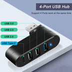 4-Port USB Hub 180° Rotatable – USB 3.0 + USB 2.0 + USB-C Power Input Plug and Play for USB-A Devices Black White Orange Blue