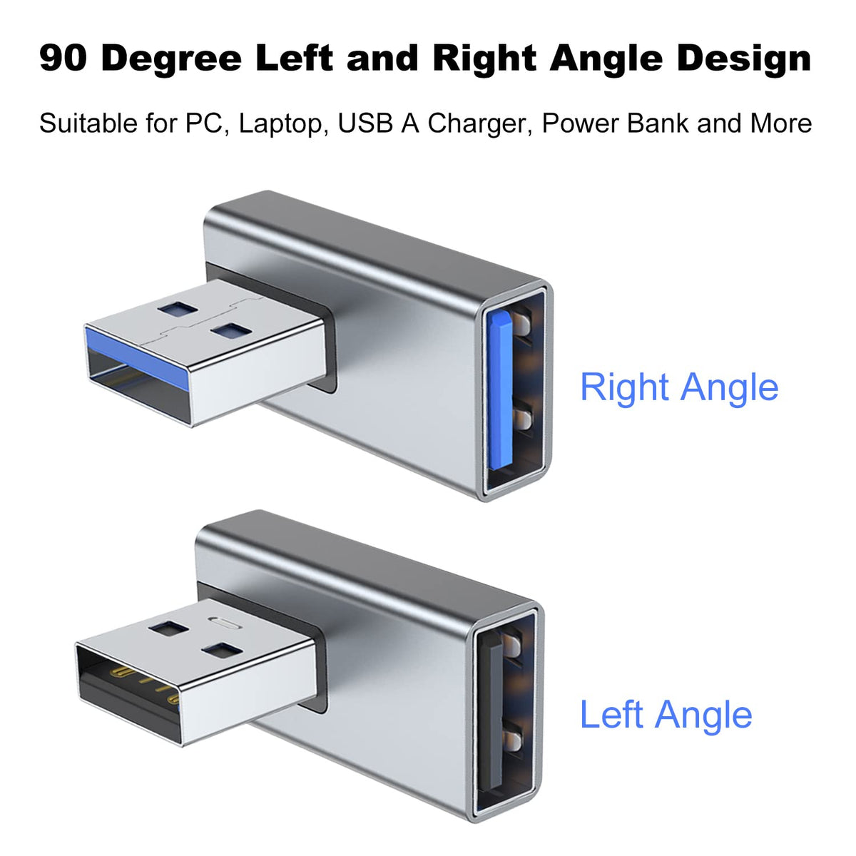 90 Degree USB-A Male to Female Adapter Left & Right Angle – USB 3.0 5Gbps 15W Charging Aluminum for PC Laptop Charger Power Bank