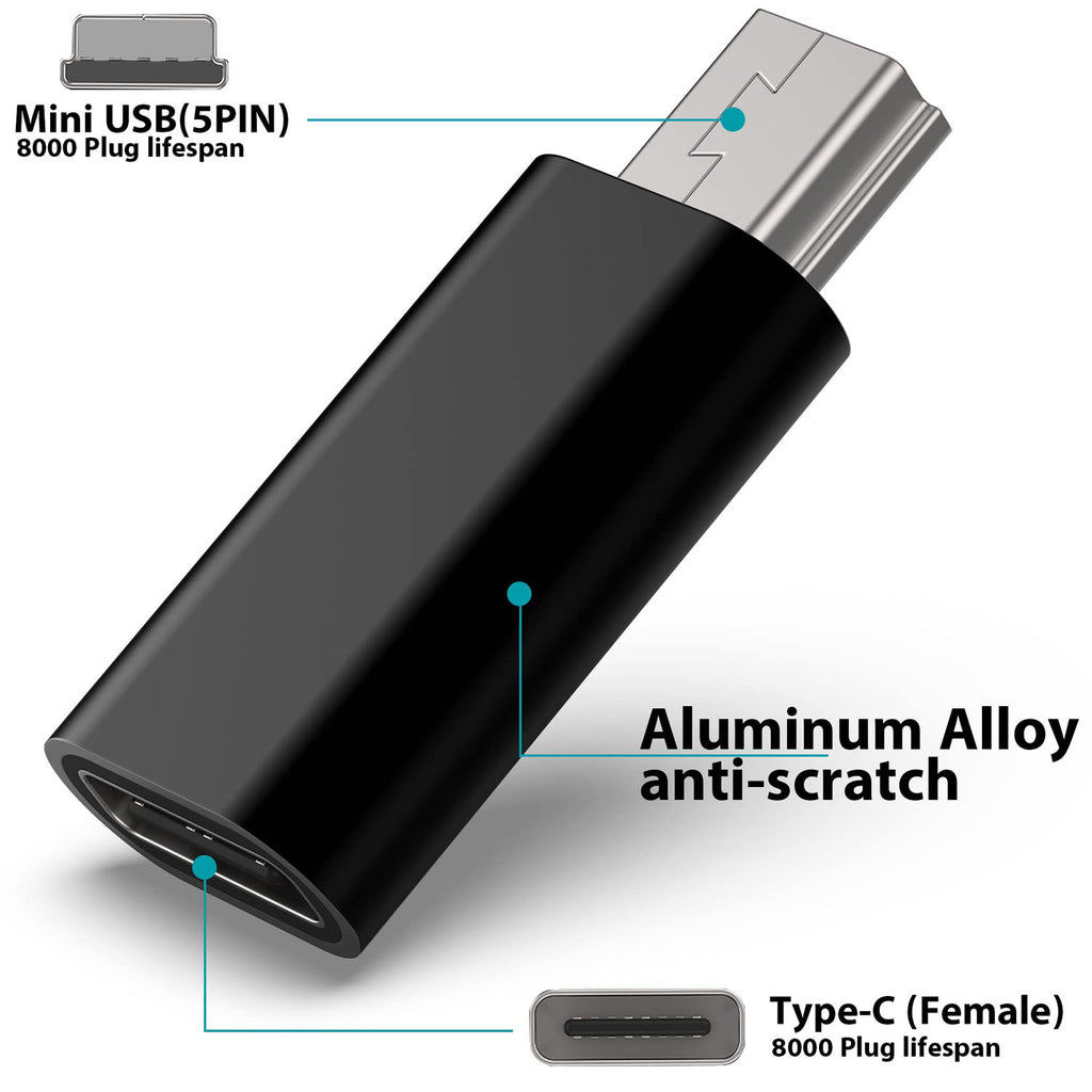USB-C to Mini USB Adapter Type-C Female to Mini USB 2.0 Male – Compatible with GoPro Hero PS3 Controller Digital Camera Dash Cam GPS