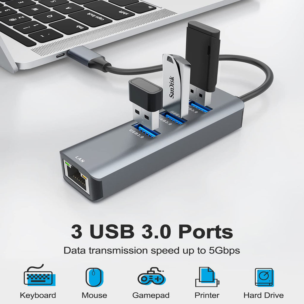 4 in 1 USB C Hub Ethernet Adapter 3 USB 3.0 Ports RJ45 Gigabit LAN Compatible with MacBook Pro MacBook Air Chromebook Dell XPS