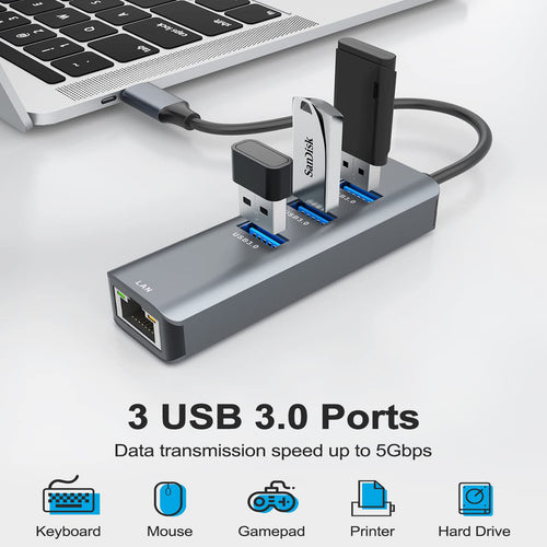 4 in 1 USB C Hub Ethernet Adapter 3 USB 3.0 Ports RJ45 Gigabit LAN Compatible with MacBook Pro MacBook Air Chromebook Dell XPS