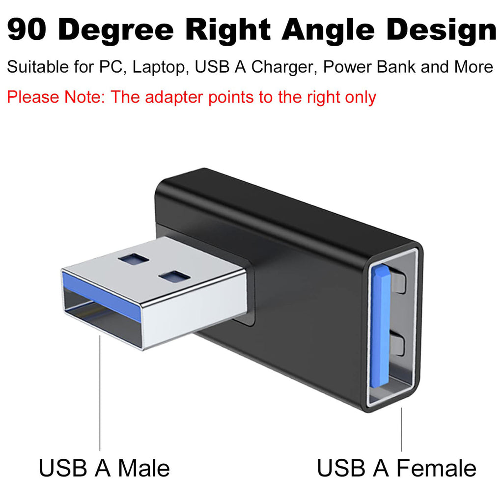 90 Degree USB-A Male to Female Adapter Right-Facing Angle – USB 3.0 5Gbps 15W Charging Aluminum for PC Laptop Charger Power Bank