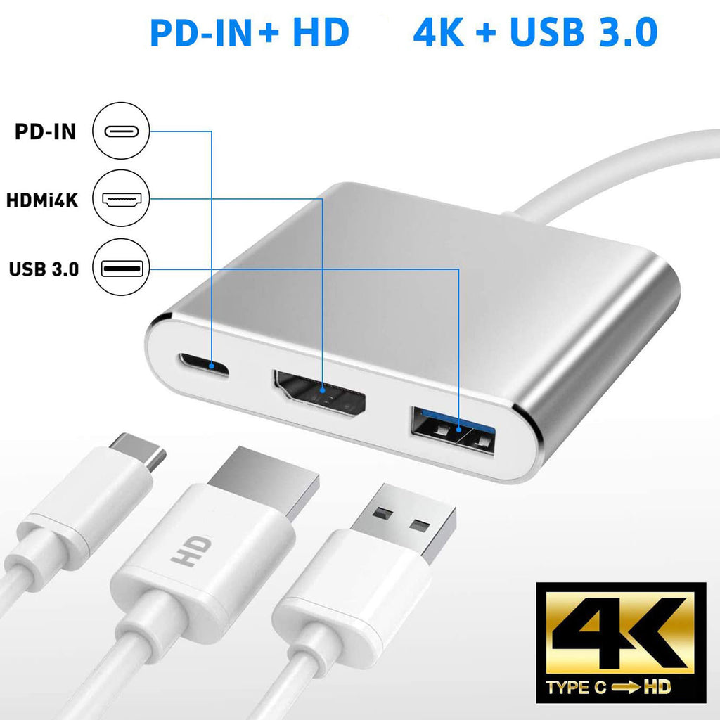 USB-C 3-in-1 Multiport Adapter – 4K@30Hz HDMI-Compatible + USB 3.0 5Gbps + 100W PD Charging Aluminum Alloy for DP Alt Mode USB-C Devices