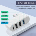 4-Port USB Hub 90°/180° Rotatable – USB 3.0 + USB 2.0 + USB-C Data Port Plug and Play for USB-A Devices Black White Blue Orange