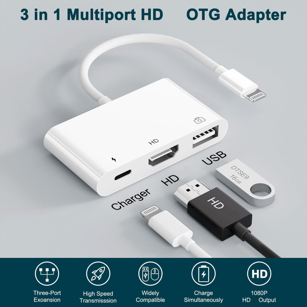 3-in-1 Lightning-Compatible to HDMI-Compatible + USB-A + Charging Adapter – 1080P Screen Mirror USB Camera OTG for iPhone 14/13/12/11/X/8/7/6/5