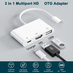 3-in-1 Lightning-Compatible to HDMI-Compatible + USB-A + Charging Adapter – 1080P Screen Mirror USB Camera OTG for iPhone 14/13/12/11/X/8/7/6/5