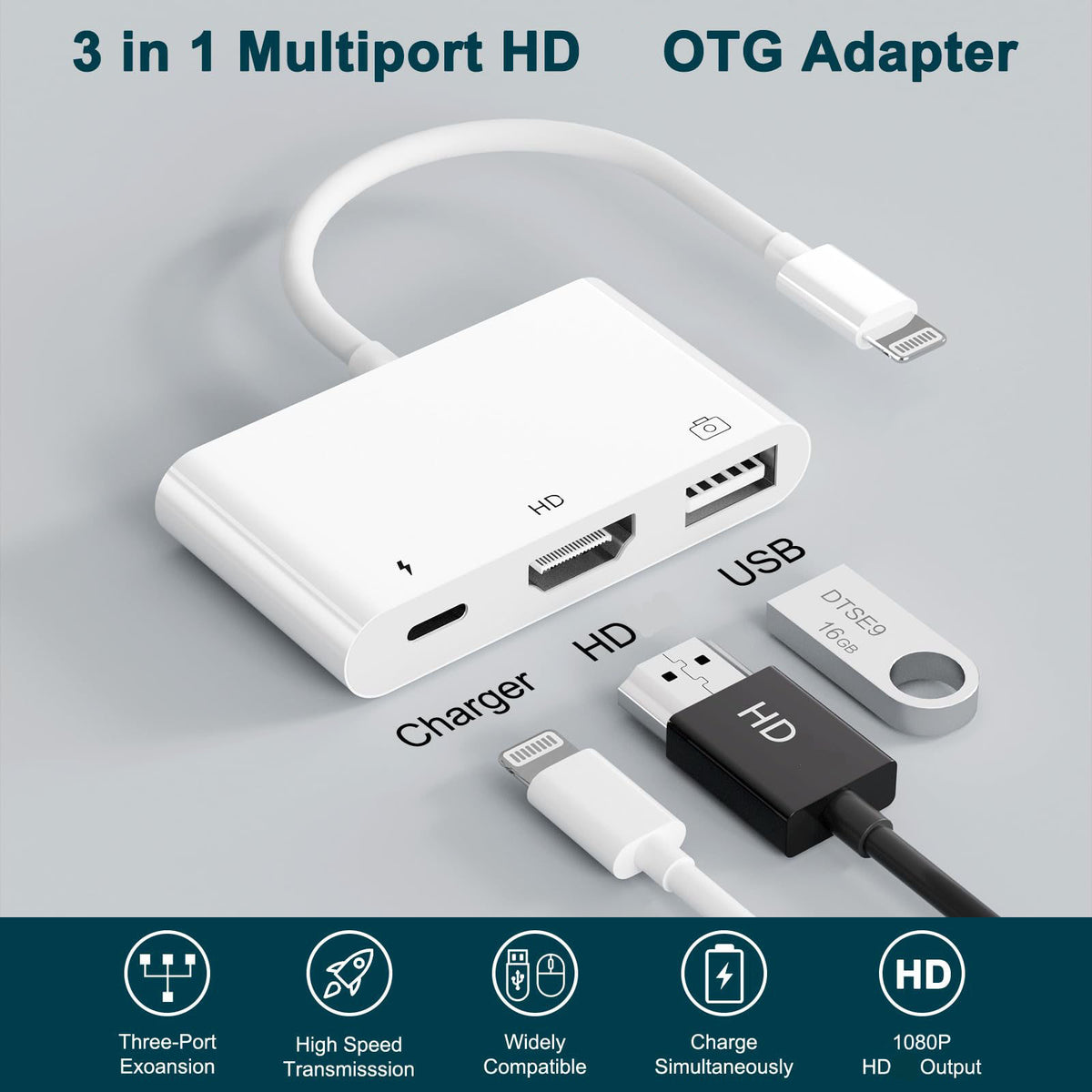 3-in-1 Lightning-Compatible to HDMI-Compatible + USB-A + Charging Adapter – 1080P Screen Mirror USB Camera OTG for iPhone 14/13/12/11/X/8/7/6/5