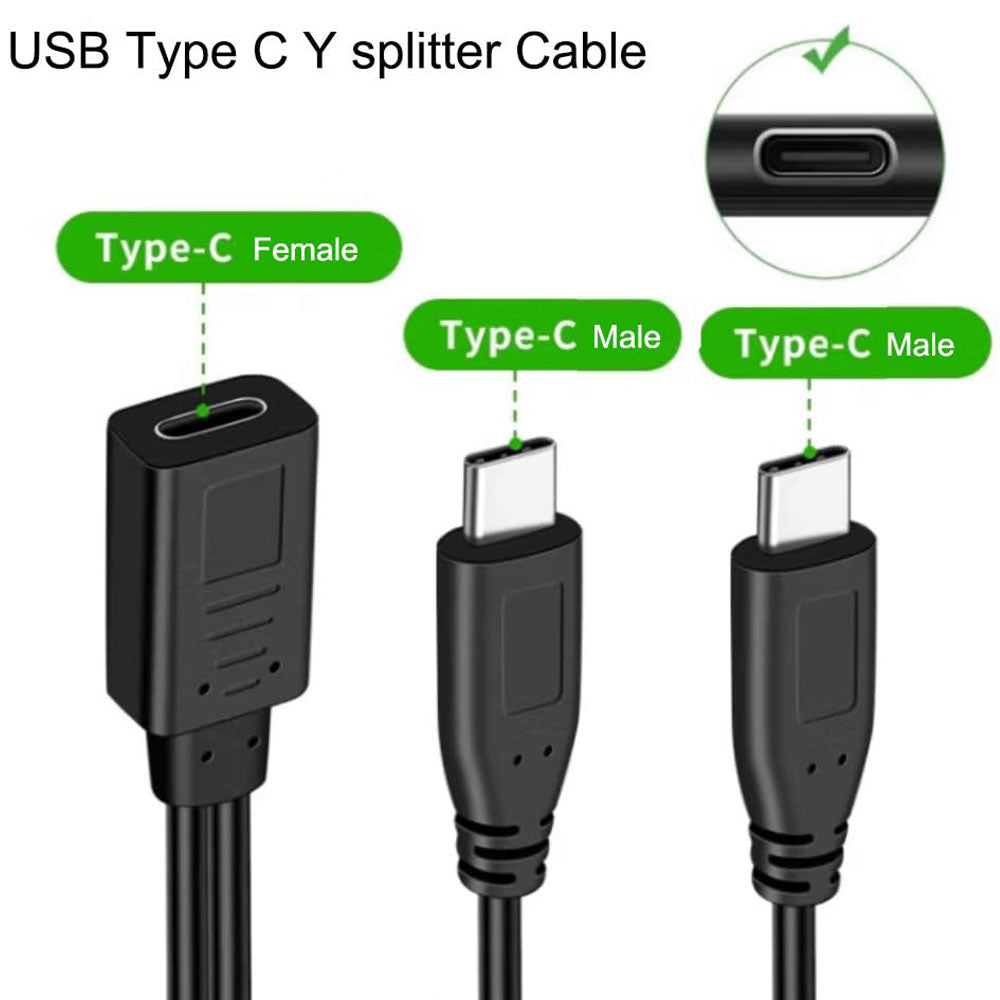 USB-C Female to Dual USB-C Male Y Splitter Charging Cable 5V 3A – Charge 2 Type-C Devices Simultaneously 30cm