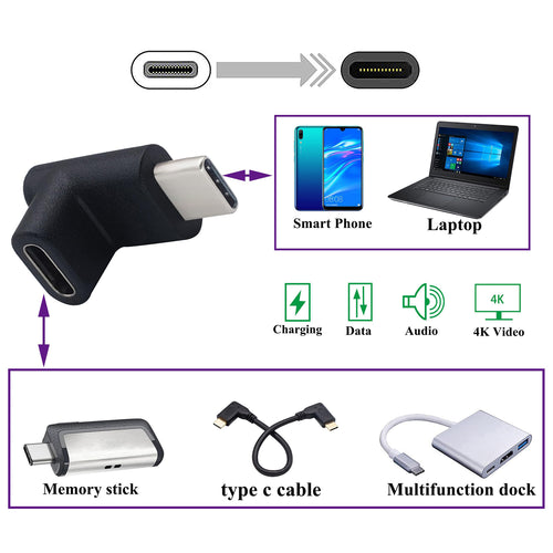 90 Degree Type C USB Adapter Gen 2 (10Gbps) 3A Up&Down 90 Degree USB 3.1 Type C Male to Female Connector Supports Charging Data Audio Video Adapter for MacBook Pro