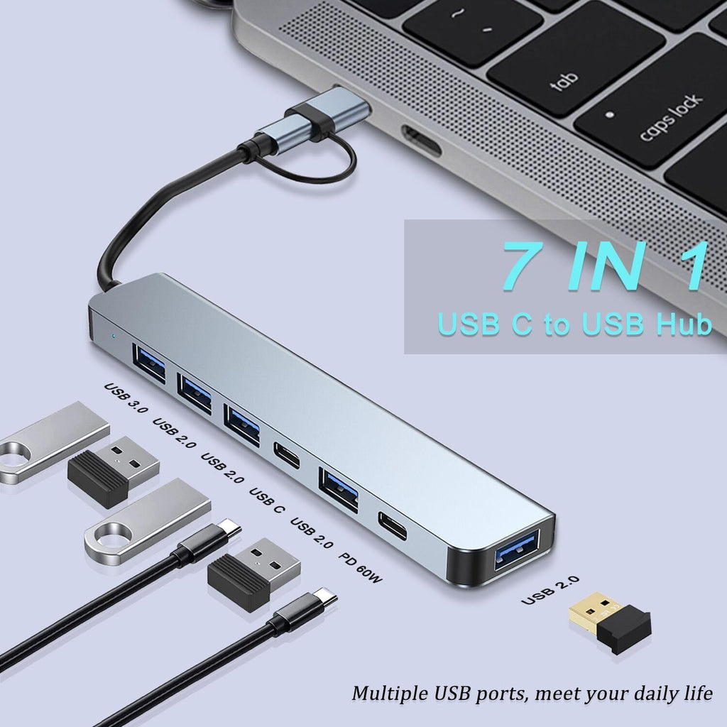 7-in-1 USB Hub Dual Plug USB-A & USB-C – 1×USB 3.0 + 4×USB 2.0 + 2×USB-C Aluminum for MacBook Pro Air iMac Laptop PC PS4