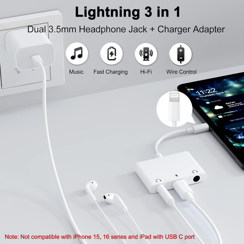 3-in-1 Lightning-Compatible to Dual 3.5mm Headphone Jack Adapter with Charging – 24-bit Audio Splitter for iPhone 14/13/12/11/X/8 Series