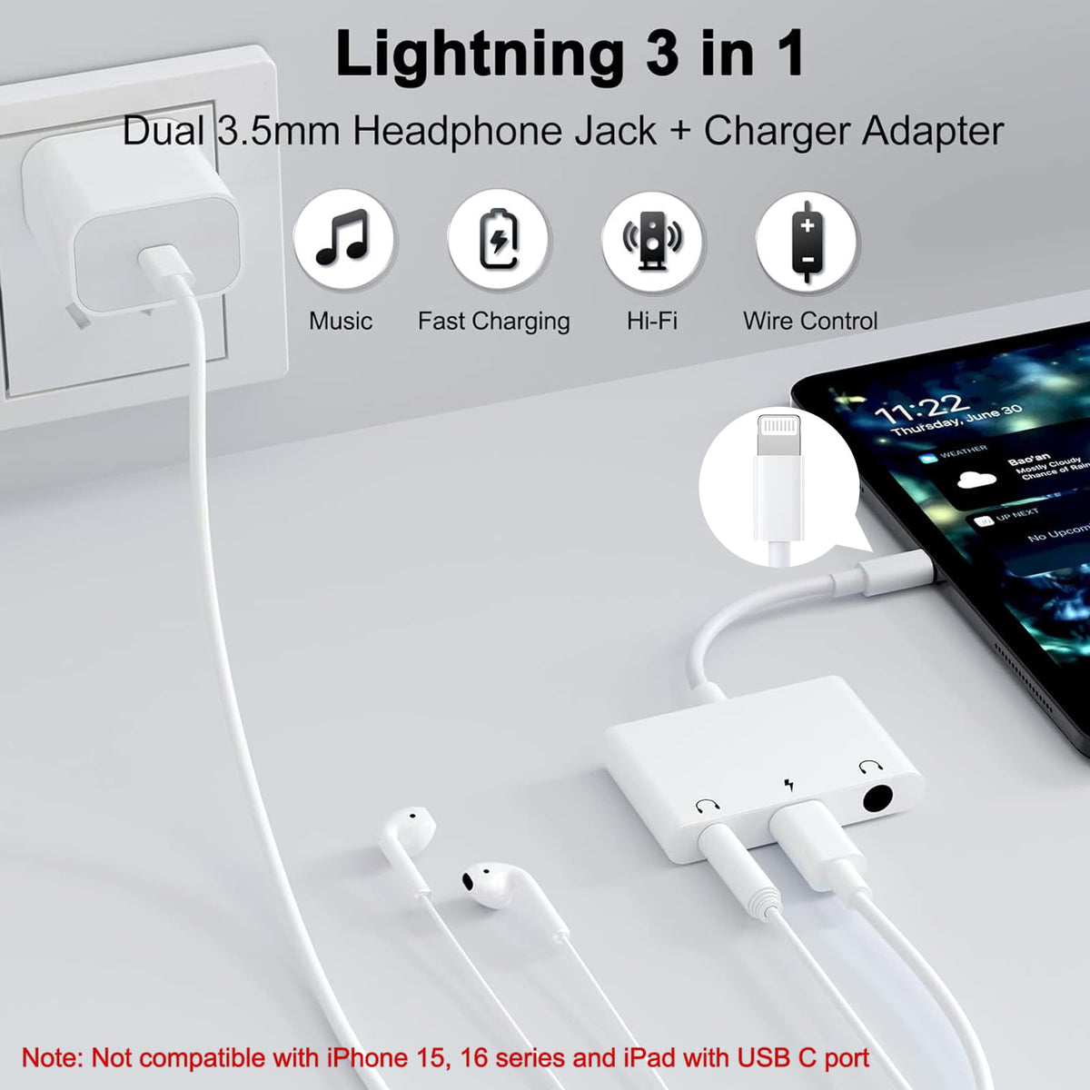 3-in-1 Lightning-Compatible to Dual 3.5mm Headphone Jack Adapter with Charging – 24-bit Audio Splitter for iPhone 14/13/12/11/X/8 Series