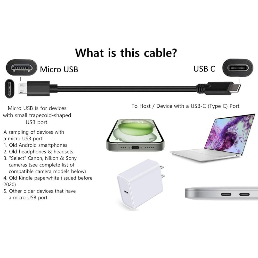 USB-C to Micro USB Cable 3ft – Data & Charging for MacBook iPhone 15 Samsung Android Laptops to Old Phones Cameras Tablets