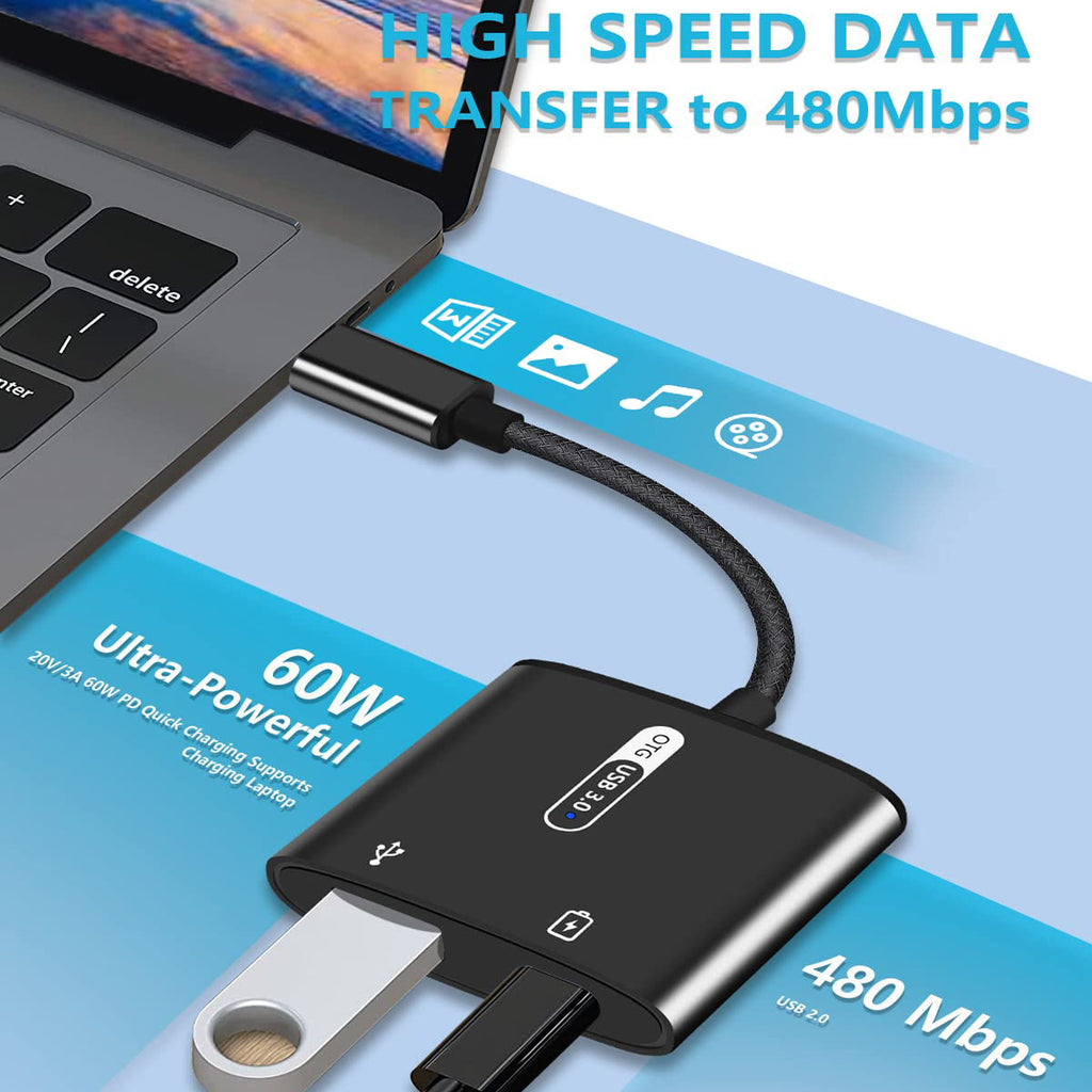 USB-C 2-in-1 OTG Adapter with 60W PD Charging – USB-A 3.0 Aluminum Alloy Nylon Braided 12.5cm for USB-C Devices Black Gray