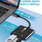 USB-C 2-in-1 OTG Adapter with 60W PD Charging – USB-A 3.0 Aluminum Alloy Nylon Braided 12.5cm for USB-C Devices Black Gray