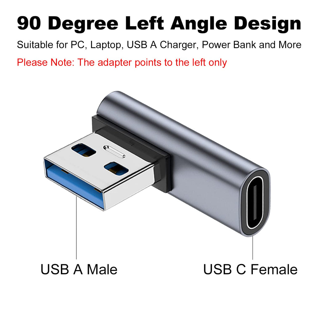 90 Degree USB C Female to USB Male Adapter Left Angle Type C to USB A Charger Converter for iPhone Apple iWatch Watch Airpods iPad Air Mini and More