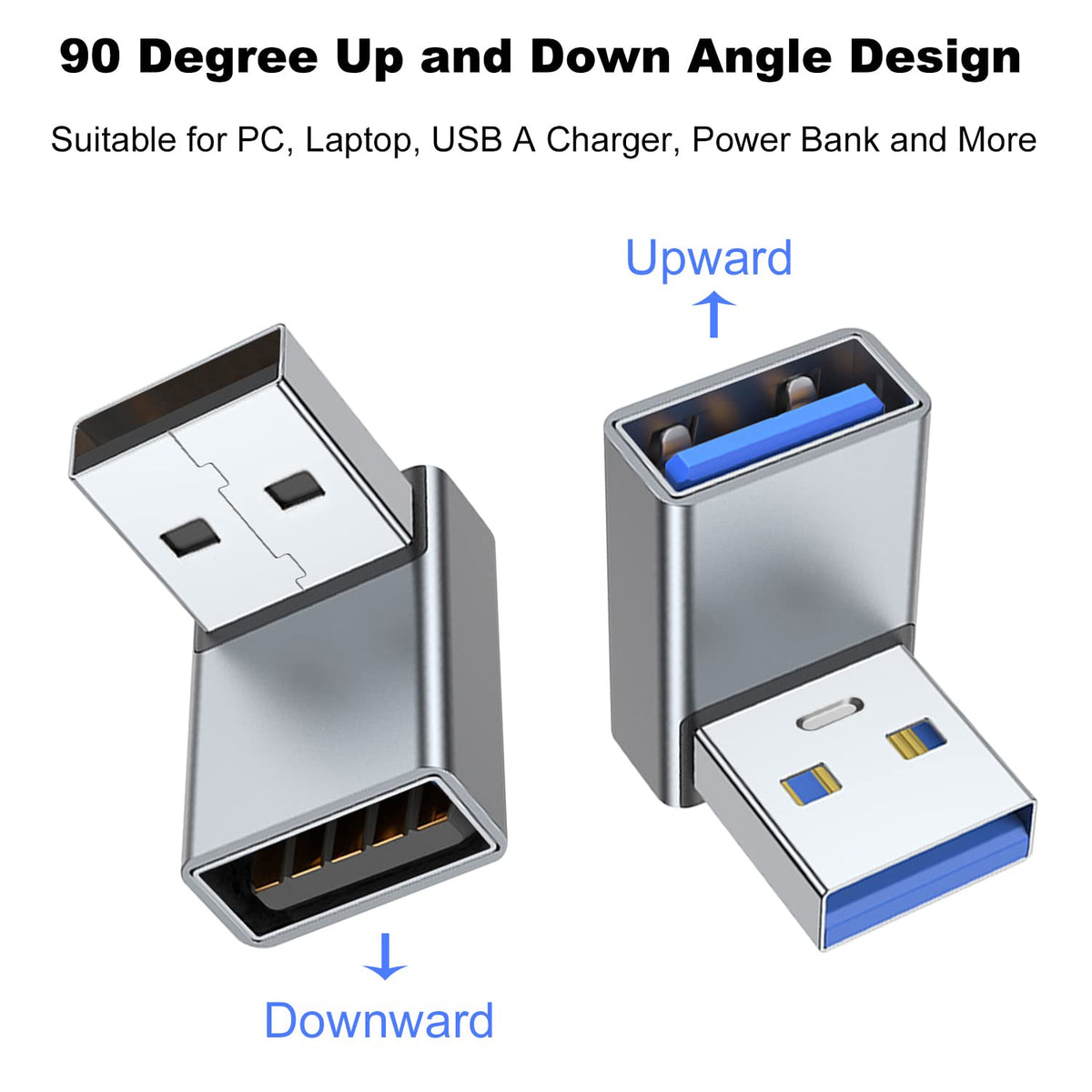 90 Degree USB-A Male to Female Adapter Up & Down Right Angle – USB 3.0 5Gbps 15W Charging Aluminum for PC Laptop Charger Power Bank