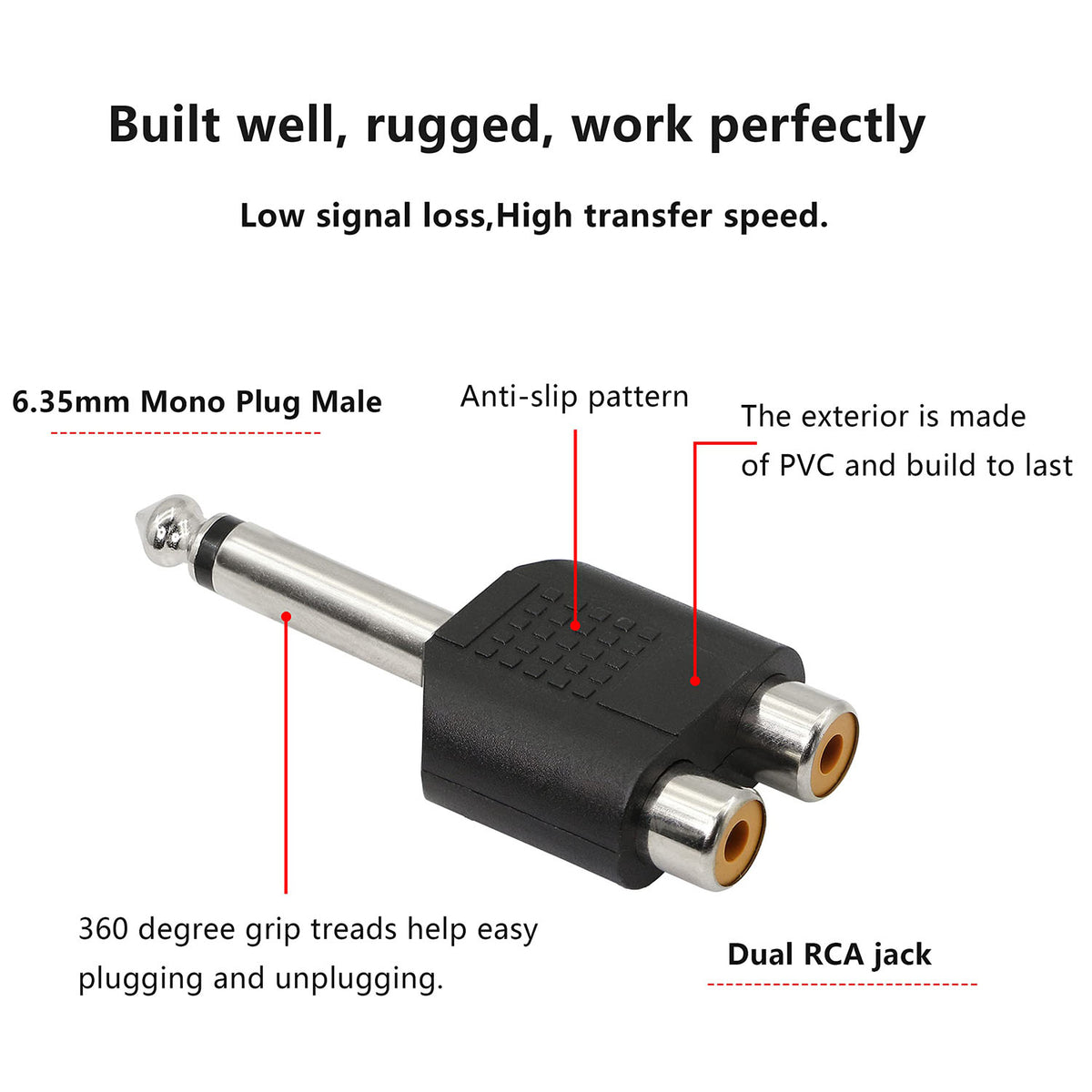 6.35mm (1/4 Inch) Mono Male to Dual RCA Female Adapter – TS Plug to RCA Jack Splitter for Guitar Amplifier Mixer Speaker