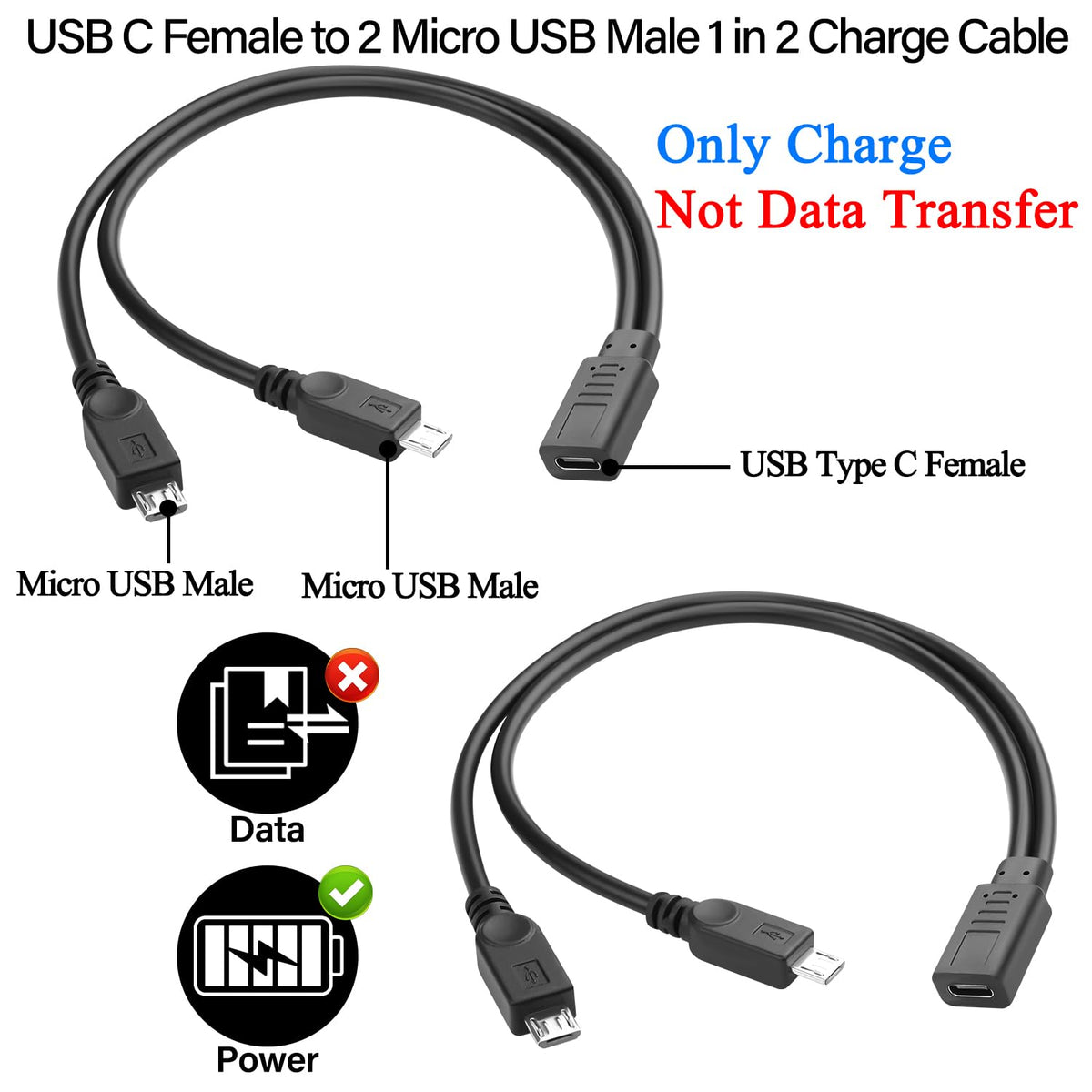 USB-C Female to Dual Micro USB Male Y Splitter Charging Cable 5V 3A – Charge 2 Micro USB Devices Simultaneously 30cm