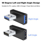 90 Degree USB-A Male to Female Adapter Left & Right Angle – USB 3.0 5Gbps 15W Charging Aluminum for PC Laptop Charger Power Bank