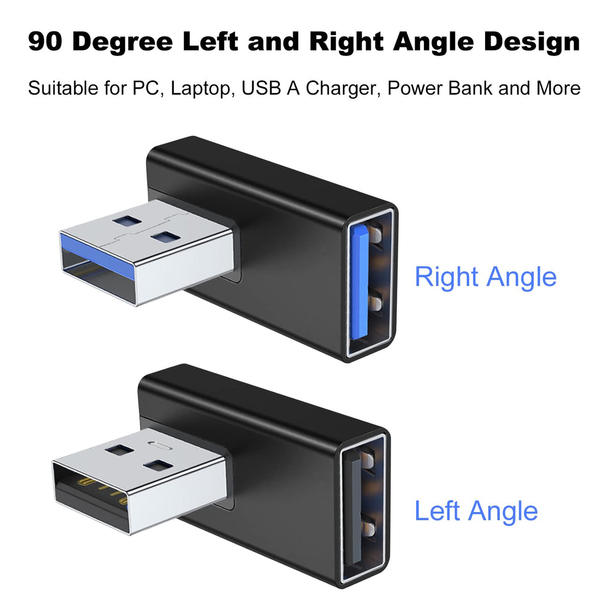 90 Degree USB-A Male to Female Adapter Left & Right Angle – USB 3.0 5Gbps 15W Charging Aluminum for PC Laptop Charger Power Bank