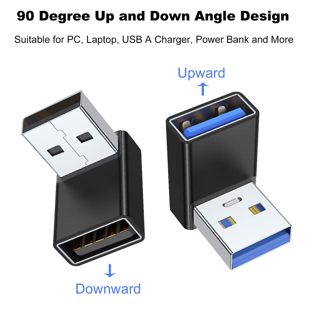 90 Degree USB-A Male to Female Adapter Up & Down Right Angle – USB 3.0 5Gbps 15W Charging Aluminum for PC Laptop Charger Power Bank