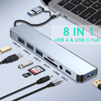 8-in-1 USB Hub Dual Plug USB-A & USB-C – USB 3.0 + USB 2.0 + SD/TF Card Reader + 3.5mm Audio Jack Aluminum for MacBook Laptop PC