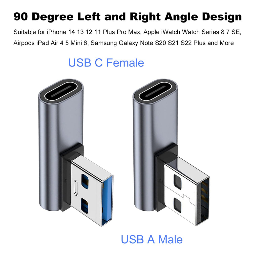 90 Degree USB C Female to USB Male Adapter Left and Right Angle Type C to USB A Charger Converter for iPhone Apple iWatch Watch Airpods iPad Air Mini and More