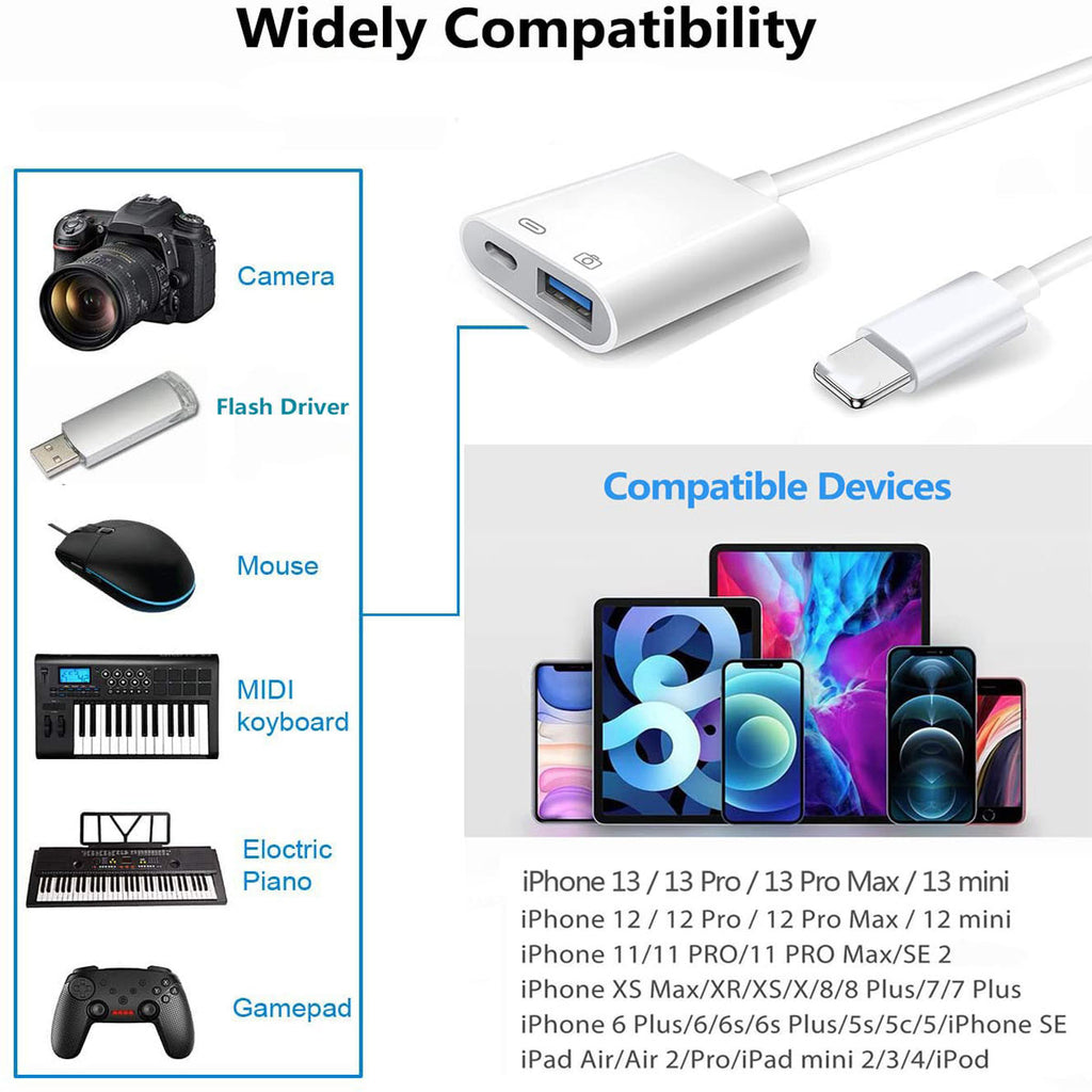 Lightning-Compatible to USB 3.0 OTG Adapter with Charging Port – 5Gbps File Transfer for iPhone iPad Camera Card Reader Flash Drive Keyboard