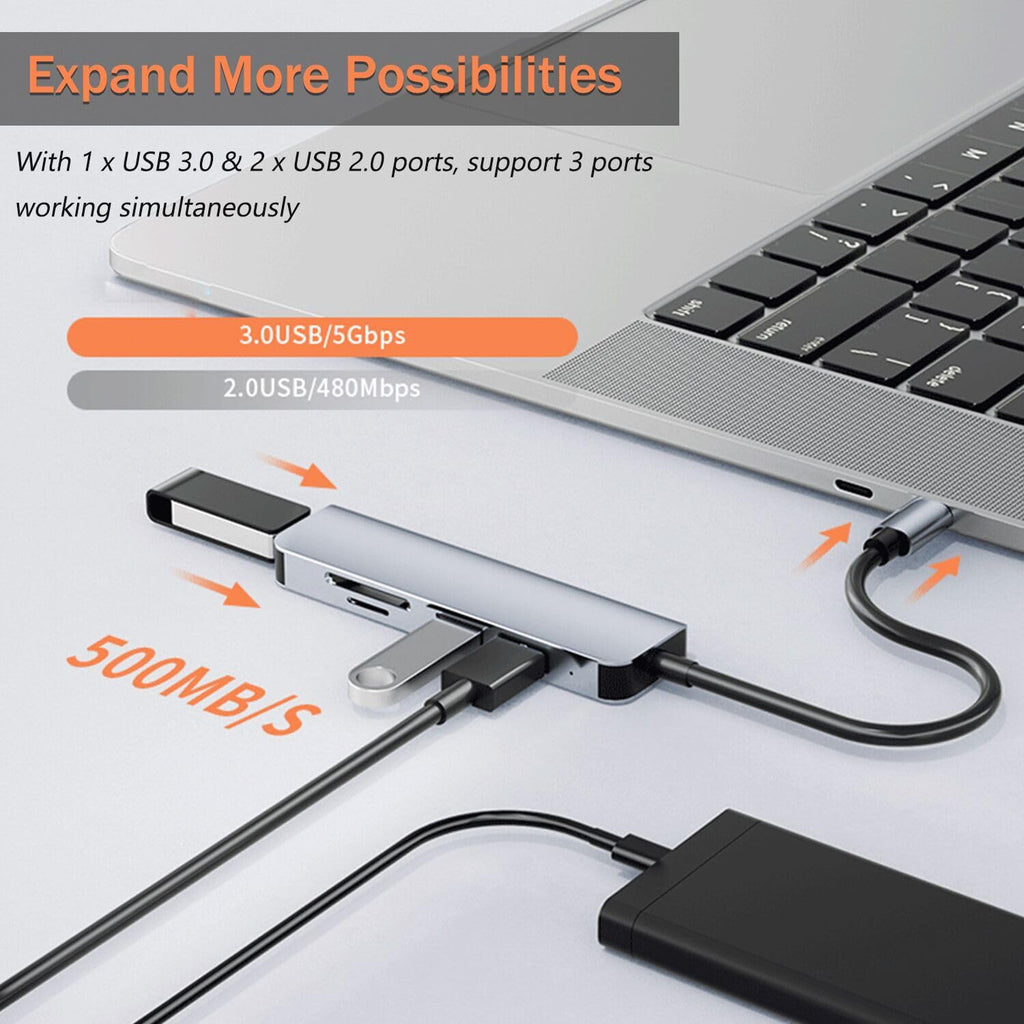 5-in-1 USB Hub Dual Plug USB-A & USB-C – 1×USB 3.0 + 2×USB 2.0 + SD/TF Card Reader Aluminum for MacBook Laptop PC iPad