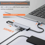 5-in-1 USB Hub Dual Plug USB-A & USB-C – 1×USB 3.0 + 2×USB 2.0 + SD/TF Card Reader Aluminum for MacBook Laptop PC iPad