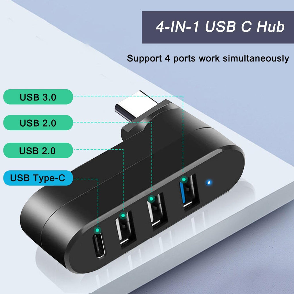 4-Port USB C Hub 90°/180° Degree Rotatable USB C Adapter Splitter with PD-in 5W Port USB Extender for MacBook iMac Surface and More C Port Laptop Not for Car