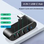 4-Port USB C Hub 90°/180° Degree Rotatable USB C Adapter Splitter with PD-in 5W Port USB Extender for MacBook iMac Surface and More C Port Laptop Not for Car