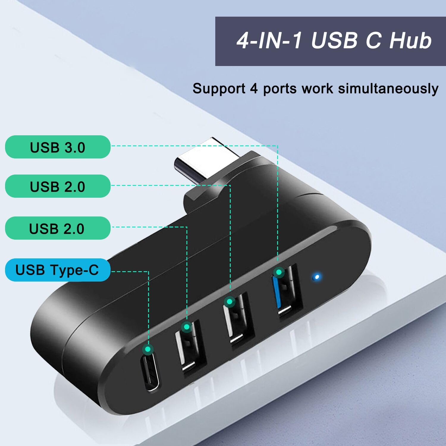 4-Port USB C Hub 90°/180° Degree Rotatable USB C Adapter Splitter with PD-in 5W Port USB Extender for MacBook iMac Surface and More C Port Laptop Not for Car