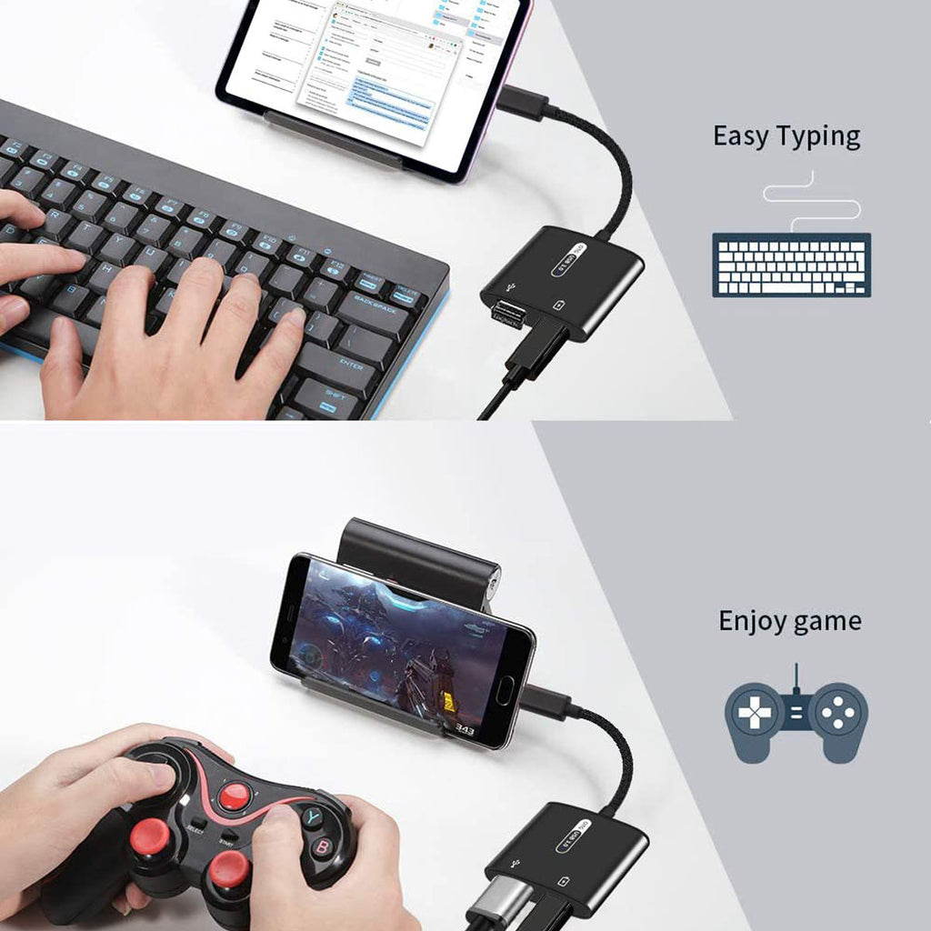USB-C 2-in-1 OTG Adapter with 60W PD Charging – USB-A 3.0 Aluminum Alloy Nylon Braided 12.5cm for USB-C Devices Black Gray