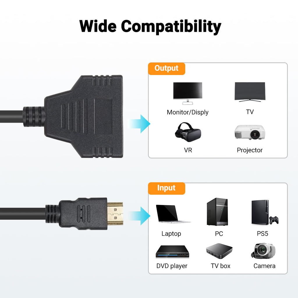 1-in-2-Out HDMI-compatible Splitter Cable – Male to 2×Female 1080P Mirror Only for TV Monitor Projector Xbox PS3 30cm