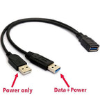 USB 3.0 Y Cable Female to Dual USB Male Splitter – Extra Power for 2.5" Portable Hard Drive USB 3.0 Data & USB 2.0 Power 30cm