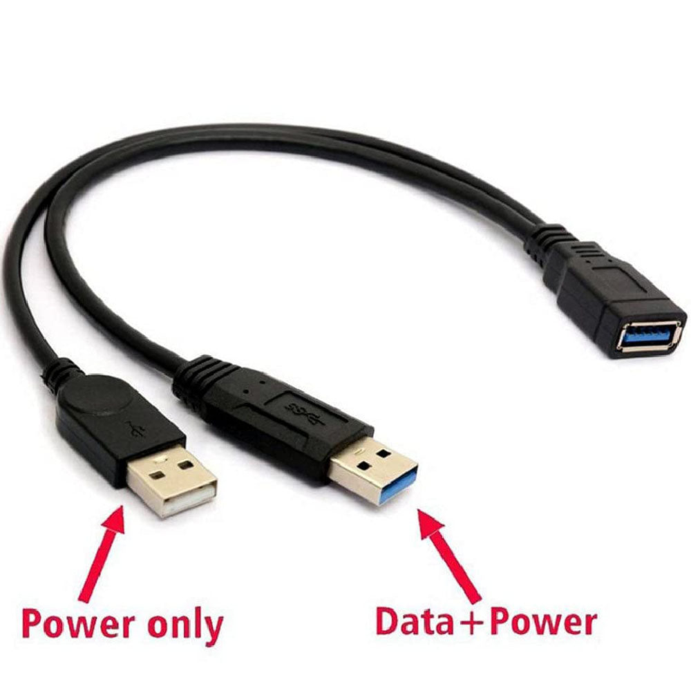 USB 3.0 Y Cable Female to Dual USB Male Splitter – Extra Power for 2.5" Portable Hard Drive USB 3.0 Data & USB 2.0 Power 30cm