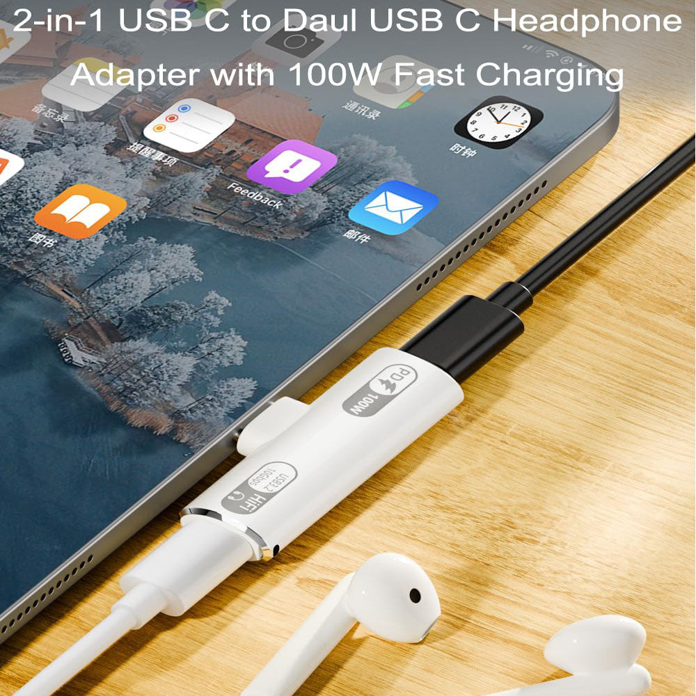 USB C Splitter with 100W Fast Charging Dual USB C Headphone and Charger Adapter Dongle for iPhone 16/15 Series iPad MacBook Galaxy S24/S23