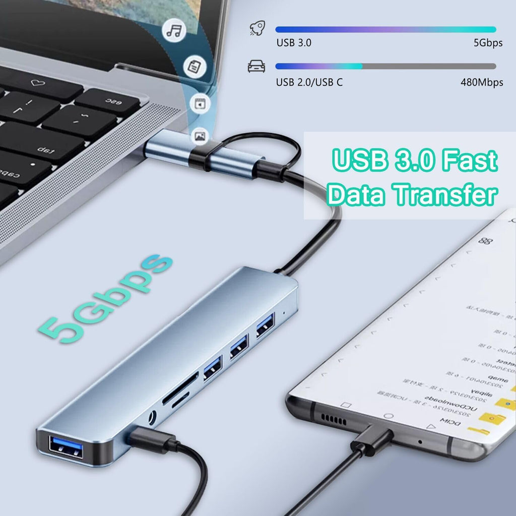 8-in-1 USB Hub Dual Plug USB-A & USB-C – USB 3.0 + USB 2.0 + SD/TF Card Reader + 3.5mm Audio Jack Aluminum for MacBook Laptop PC