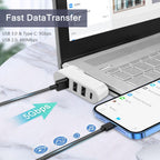 4-Port USB Hub 90°/180° Rotatable – USB 3.0 + USB 2.0 + USB-C Data Port Plug and Play for USB-A Devices Black White Blue Orange