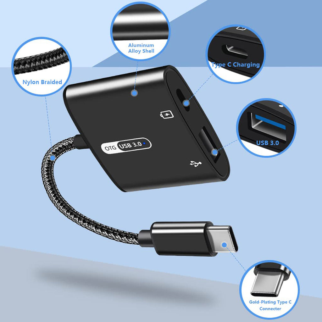 USB-C 2-in-1 OTG Adapter with 60W PD Charging – USB-A 3.0 Aluminum Alloy Nylon Braided 12.5cm for USB-C Devices Black Gray