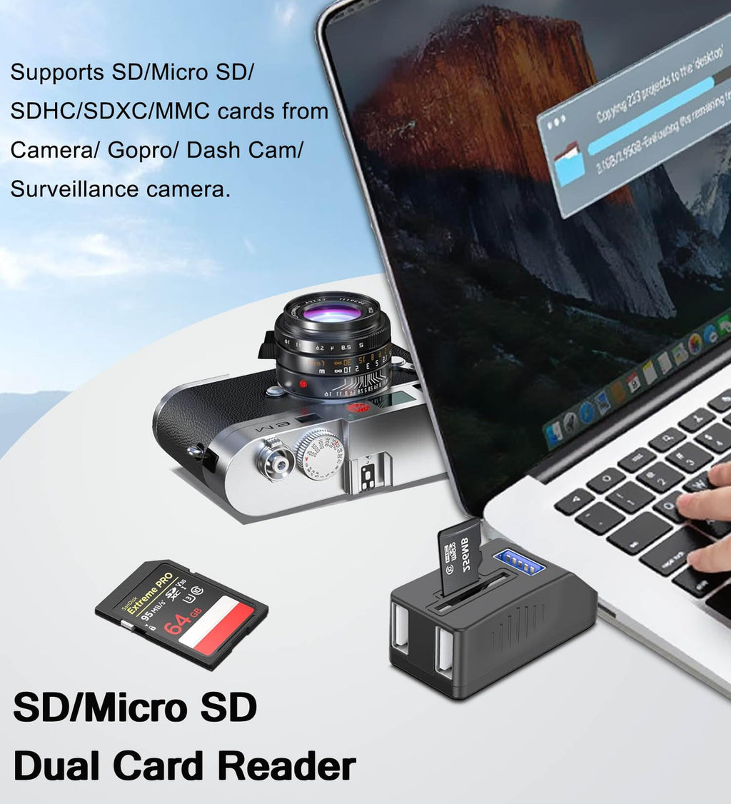 5-in-1 USB 3.0 Hub with SD/TF Card Reader – 1×USB 3.0 + 2×USB 2.0 Ports Portable USB Splitter for Laptop PC Camera Dash Cam