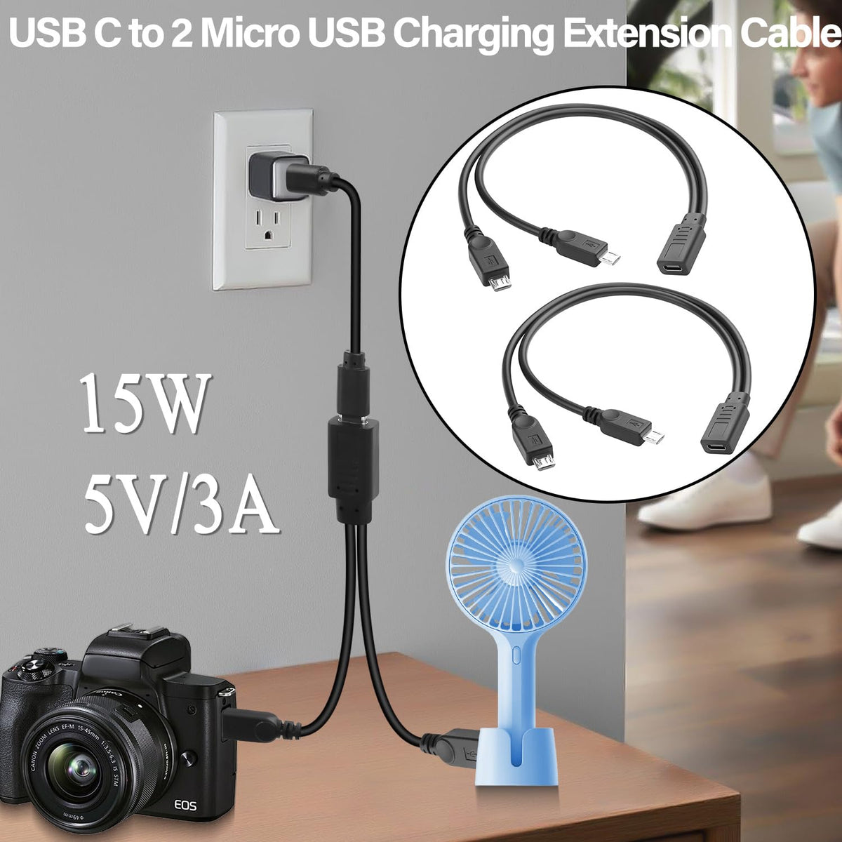 USB-C Female to Dual Micro USB Male Y Splitter Charging Cable 5V 3A – Charge 2 Micro USB Devices Simultaneously 30cm